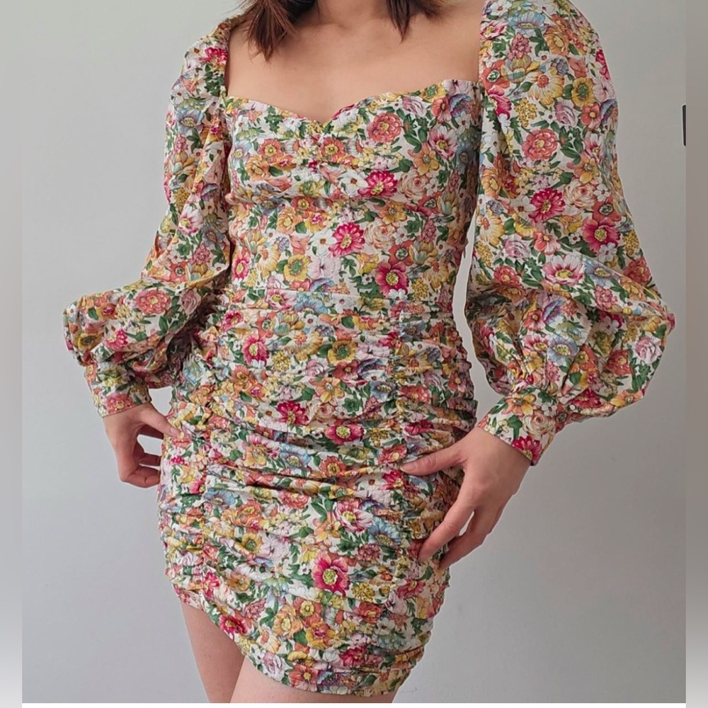 Nasty Gal Floral Open‎ Back Balloon Sleeve Ruched Mini Dress - 8